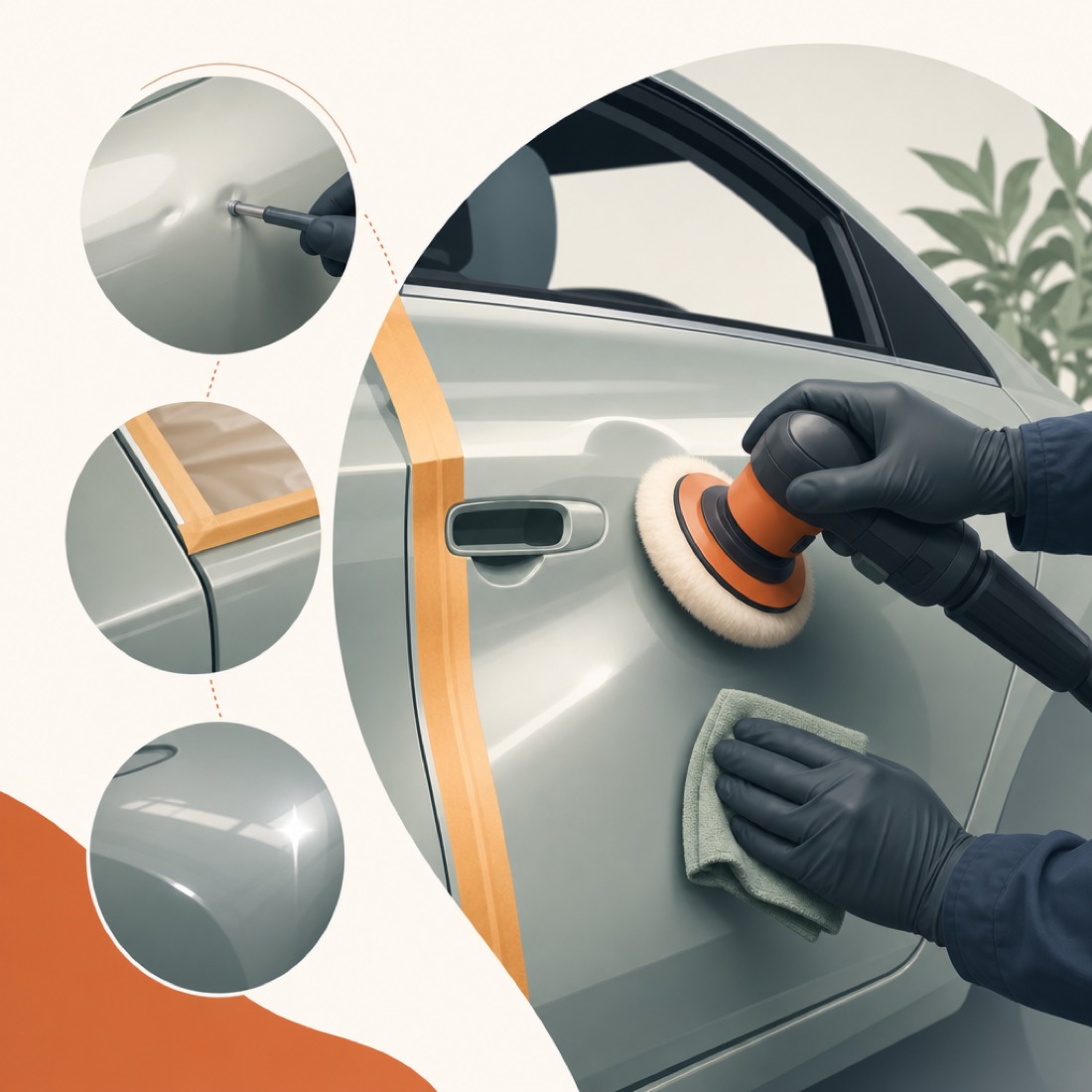 A car door panel being polished with a buffing pad during a body repair, restoring a smooth glossy finish.