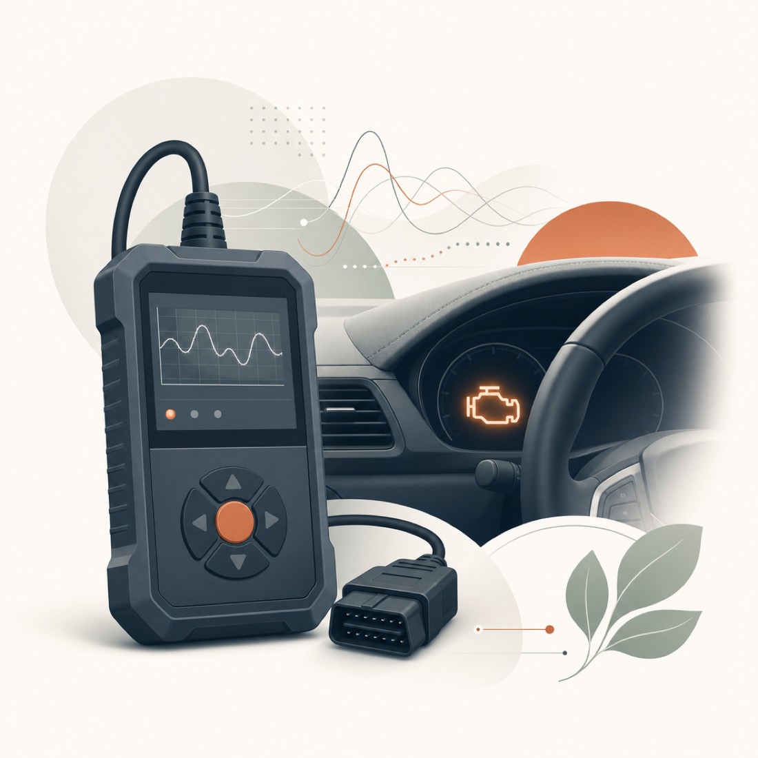 A handheld diagnostic scanner plugged into a car, reading a dashboard with a softly glowing engine warning light.