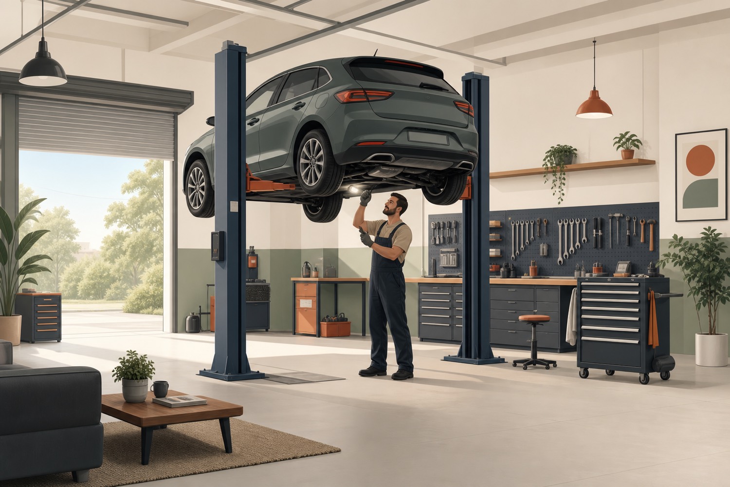 The Eddy's Autos workshop in East Tilbury: a car raised on a two-post lift while a mechanic checks underneath beside a tidy tool wall.