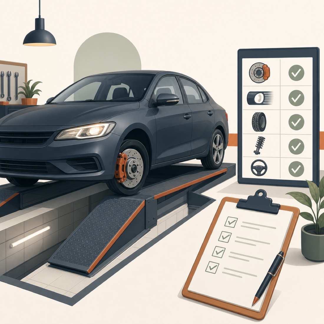 A car on a ramp during an MOT safety inspection, with a checklist board and clipboard alongside.