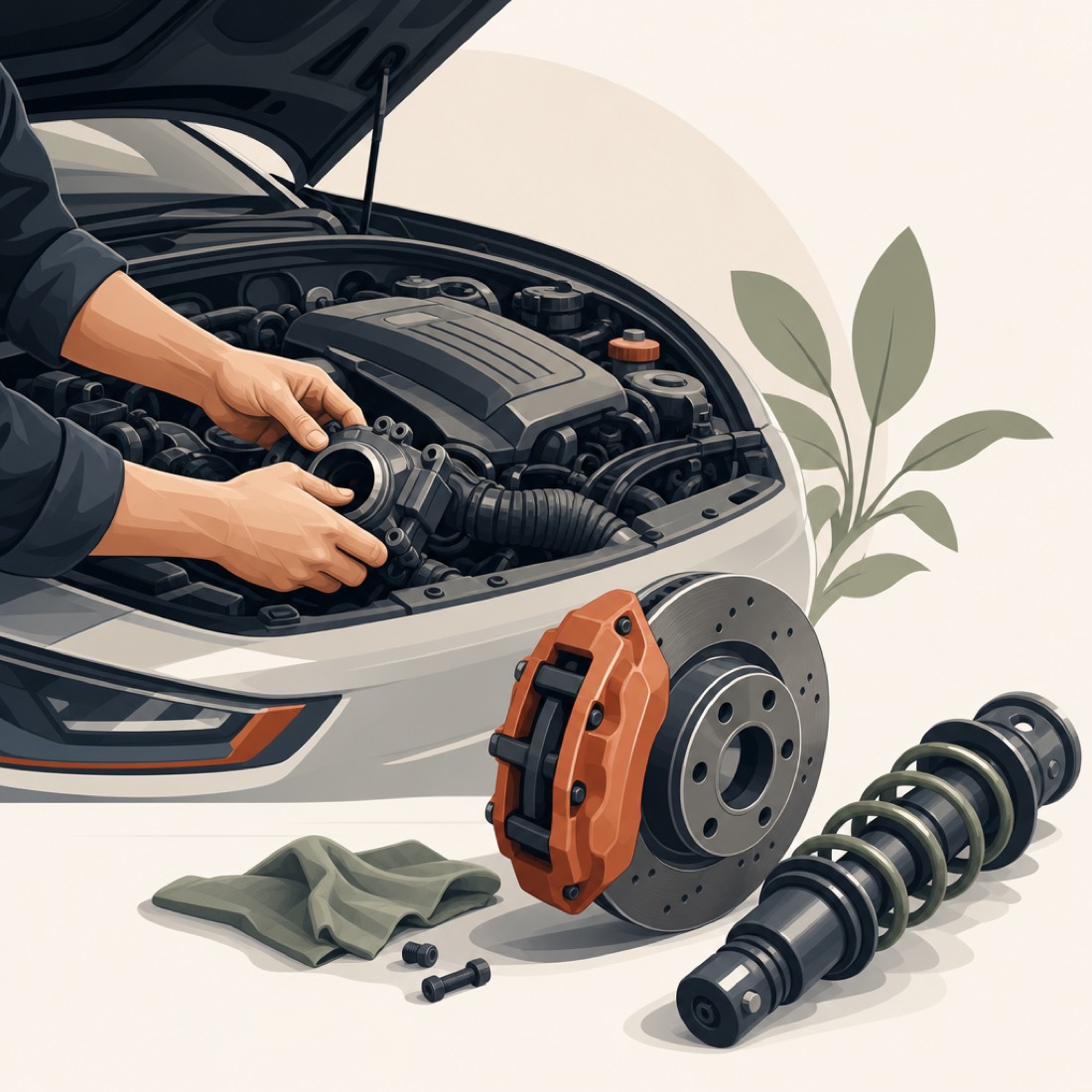 A mechanic working in an open engine bay, with a brake caliper and disc and a camshaft component laid out nearby.