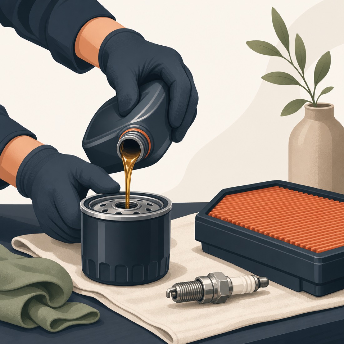 Fresh oil being poured during a car service, with a new oil filter, air filter and spark plug laid out on a workbench.